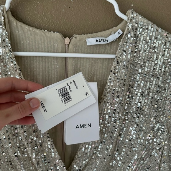 AMEN couture paillettes sequin beaded silver long sleeve mini dress NWT H - Picture 14 of 16
